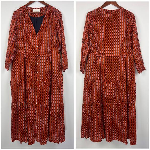 Trovata Birds of Paradis L Geometric Print Button Front Midi Dress Orange Long - Picture 3 of 11